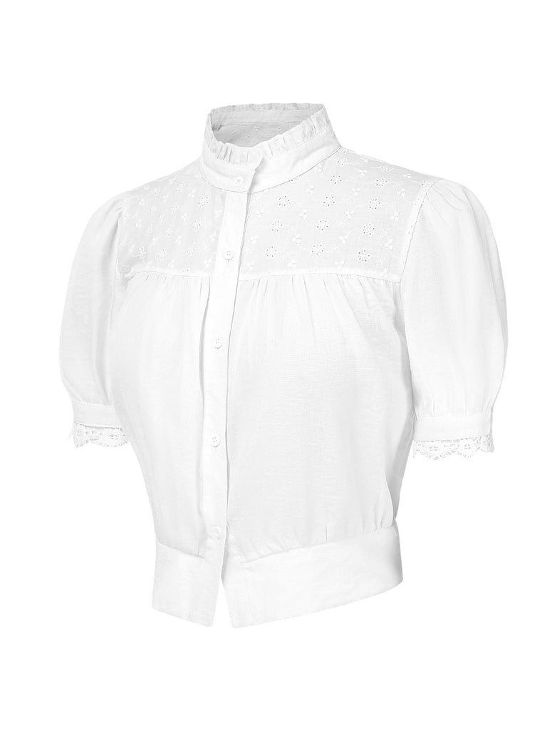 [Vorverkauf] Weiß 1940er Besticktes Spitze Stehkragen Bluse