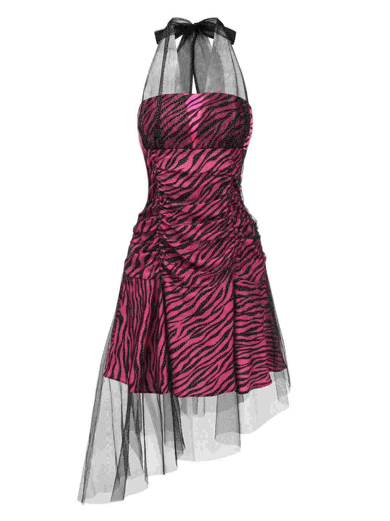 [Vorverkauf] Rosa 1970er Zebra Halter Netz Party Kleid