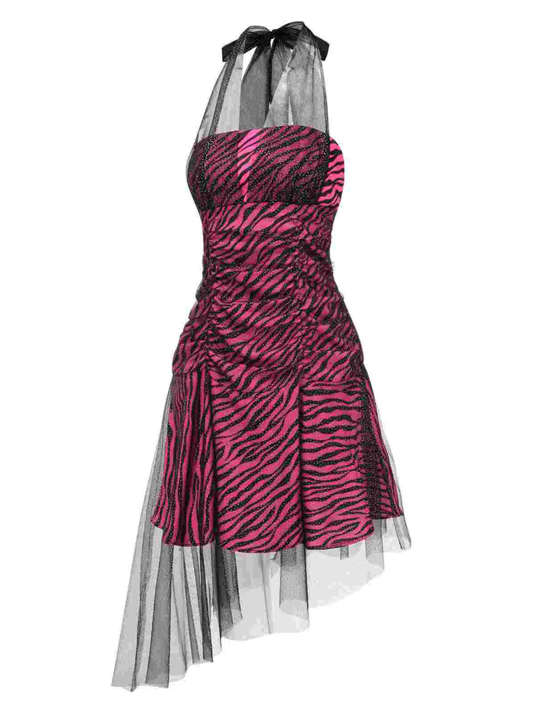 [Vorverkauf] Rosa 1970er Zebra Halter Netz Party Kleid