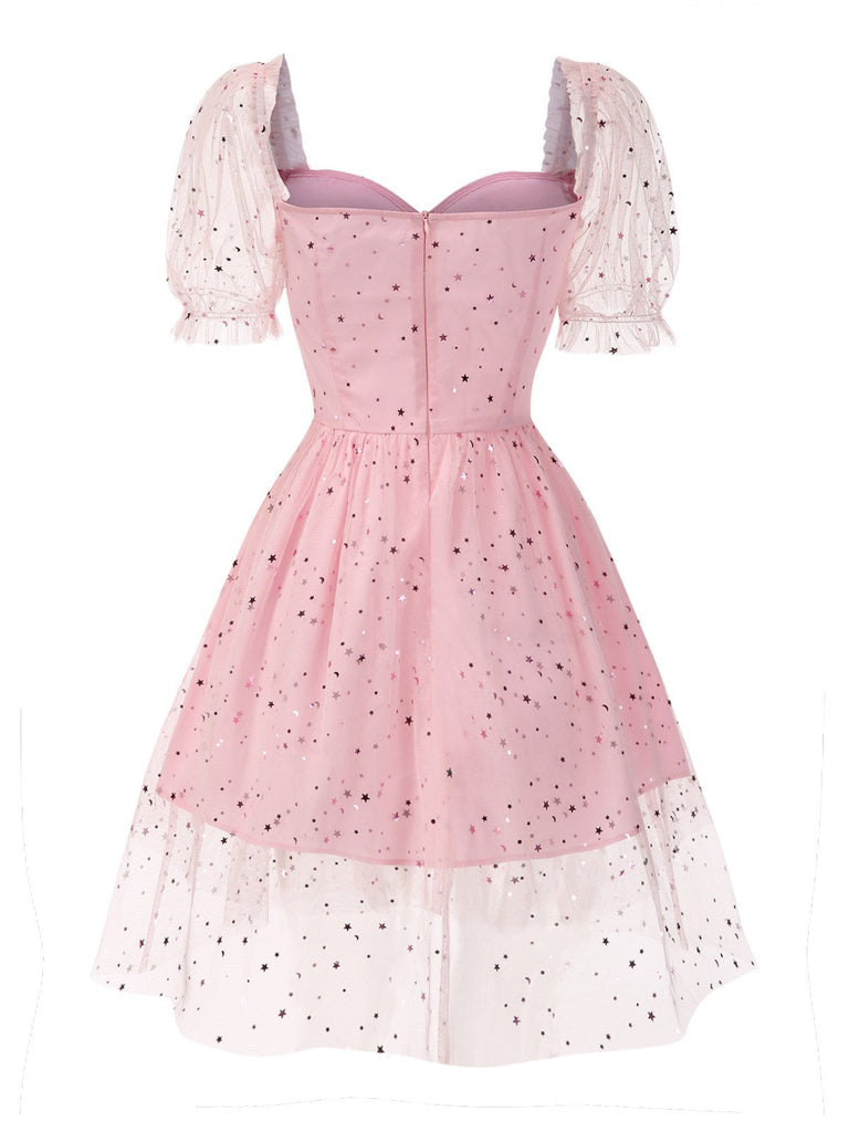 [Vorverkauf] Rosa 1950er Stern Pailletten Netz Patchwork Kleid