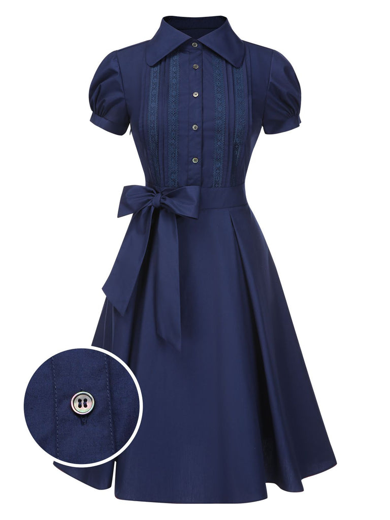 [Vorverkauf] Dunkelblau 1940er Bogen Spitze Gürtel Kleid