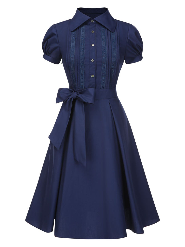 [Vorverkauf] Dunkelblau 1940er Bogen Spitze Gürtel Kleid