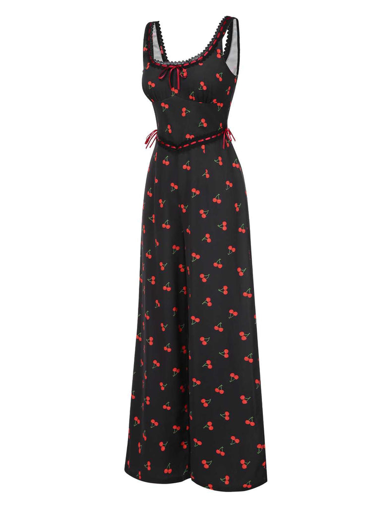 [Vorverkauf] 1940er Quadratischer Hals Spitze Kirsche Bogen Jumpsuit