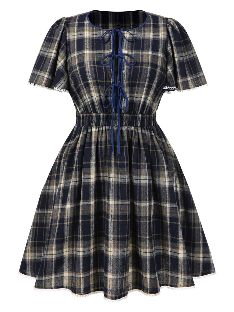 [Vorverkauf] [Übergröße] Blau 1940er Plaid Tie-Front Kleid