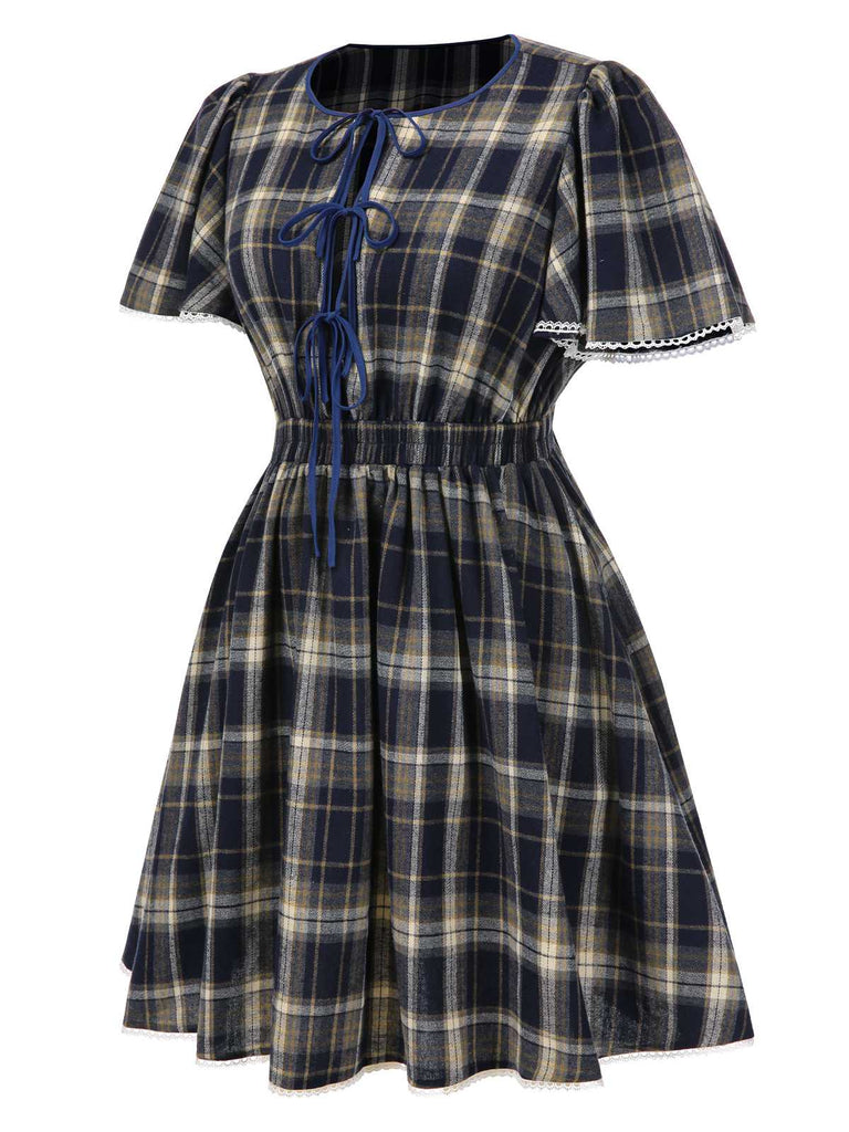 [Vorverkauf] [Übergröße] Blau 1940er Plaid Tie-Front Kleid