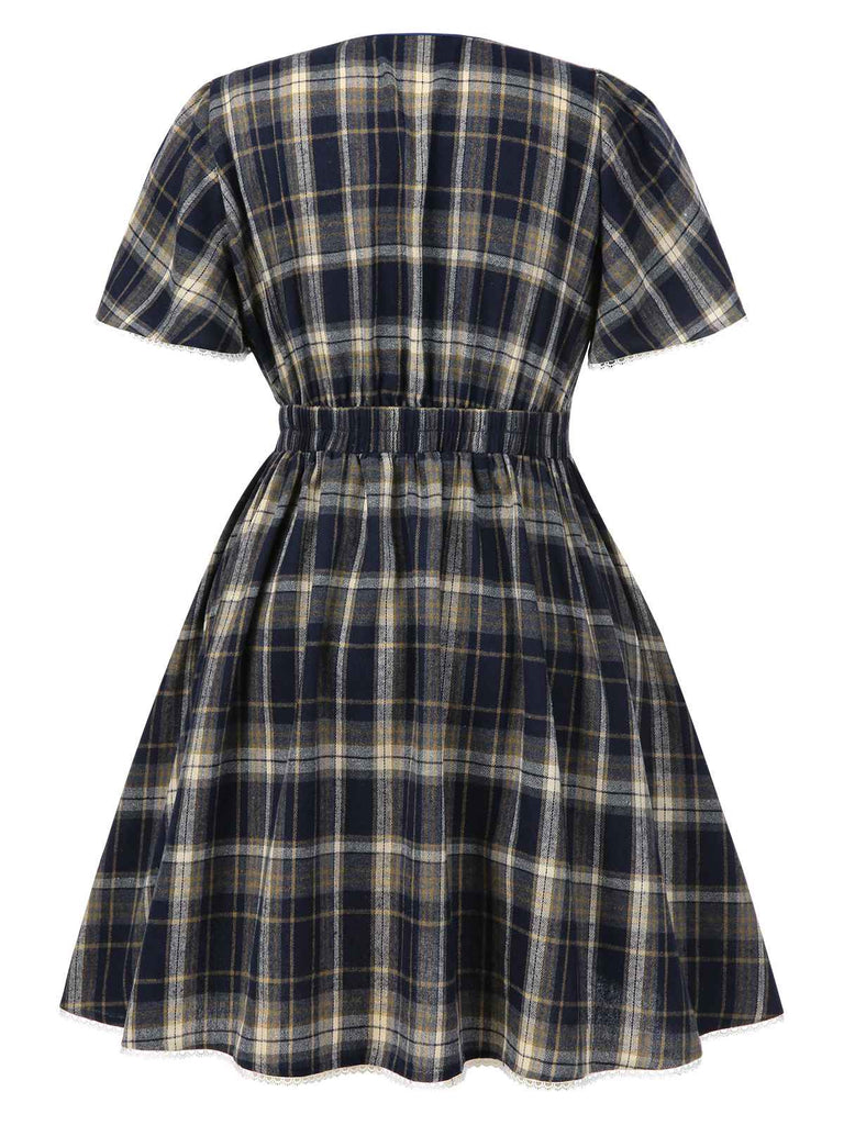 [Vorverkauf] [Übergröße] Blau 1940er Plaid Tie-Front Kleid