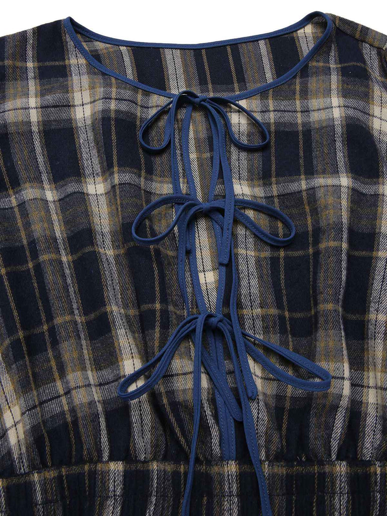 [Vorverkauf] [Übergröße] Blau 1940er Plaid Tie-Front Kleid