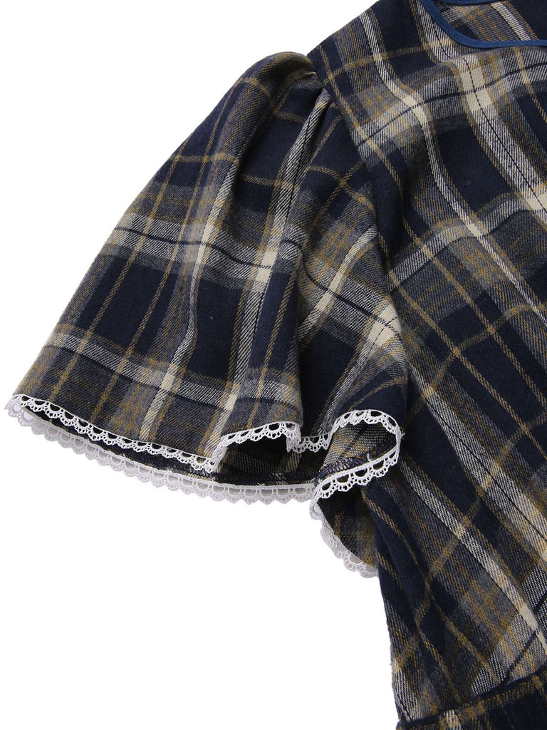 [Vorverkauf] [Übergröße] Blau 1940er Plaid Tie-Front Kleid