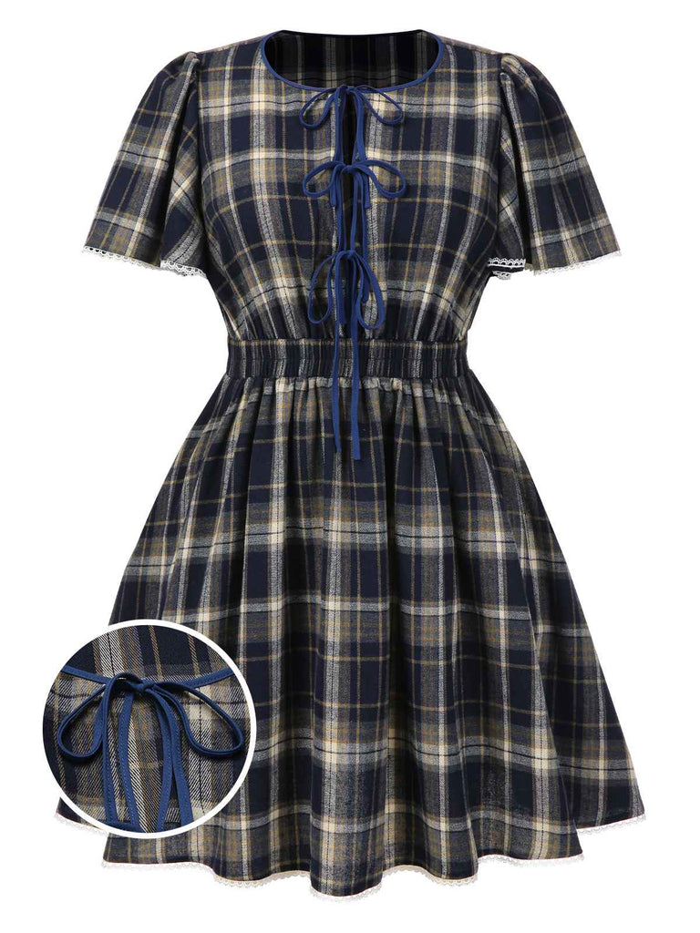[Vorverkauf] [Übergröße] Blau 1940er Plaid Tie-Front Kleid
