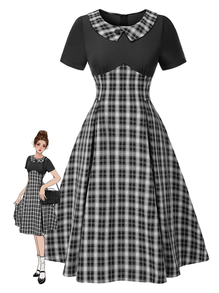 [Vorverkauf] Schwarz 1950er Revers Plissiertes Plaid Patchwork Kleid