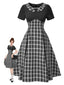 [Vorverkauf] Schwarz 1950er Revers Plissiertes Plaid Patchwork Kleid