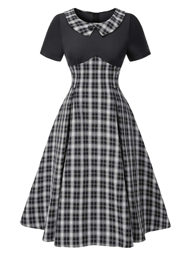 [Vorverkauf] Schwarz 1950er Revers Plissiertes Plaid Patchwork Kleid