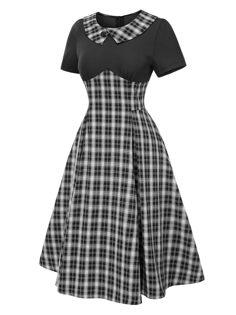 [Vorverkauf] Schwarz 1950er Revers Plissiertes Plaid Patchwork Kleid