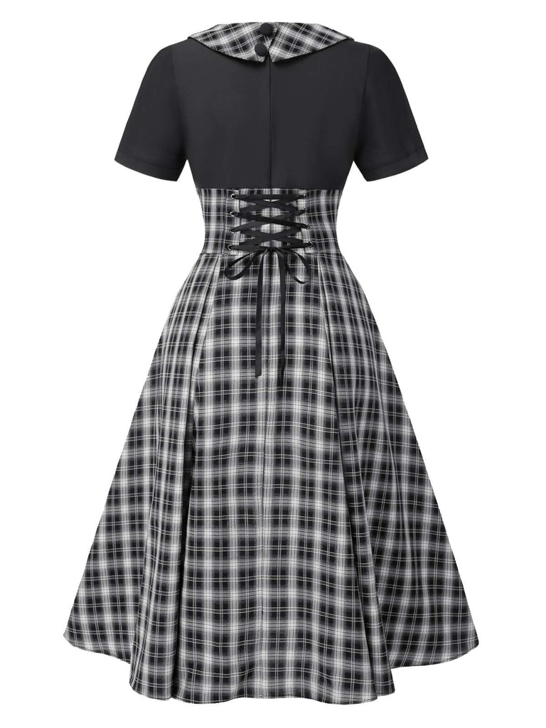 [Vorverkauf] Schwarz 1950er Revers Plissiertes Plaid Patchwork Kleid