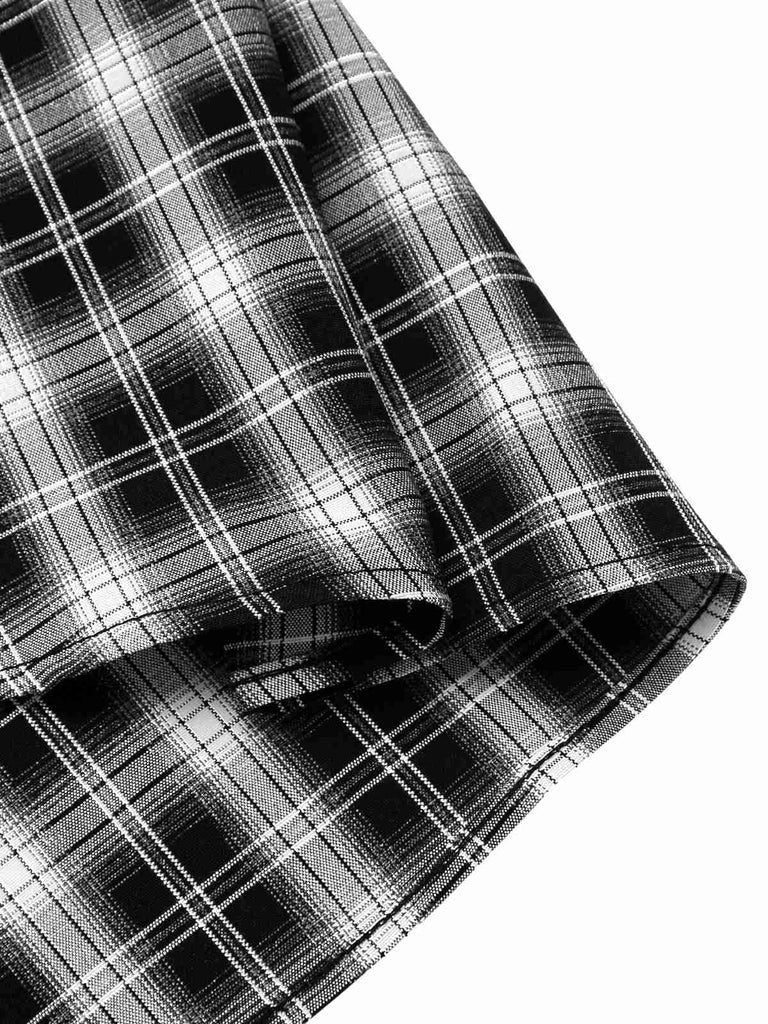 [Vorverkauf] Schwarz 1950er Revers Plissiertes Plaid Patchwork Kleid
