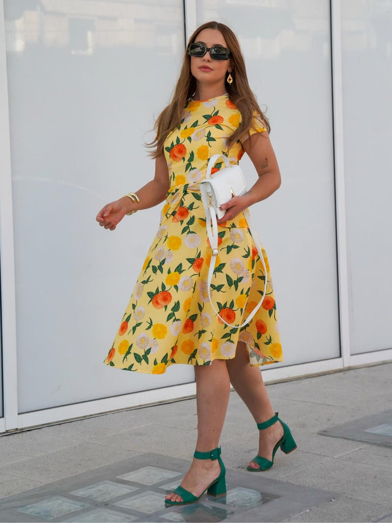 Gelb 1950er Hortensie Blumen Gerüschtes Kleid