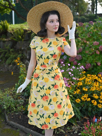 Gelb 1950er Hortensie Blumen Gerüschtes Kleid