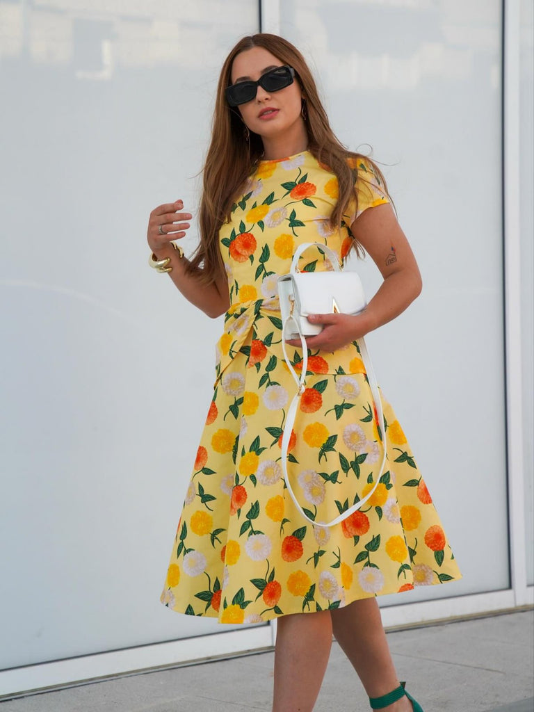 Gelb 1950er Hortensie Blumen Gerüschtes Kleid