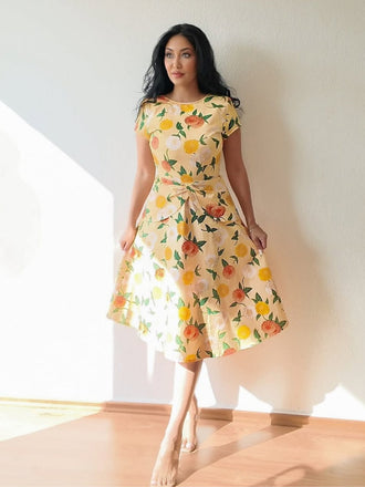 Gelb 1950er Hortensie Blumen Gerüschtes Kleid