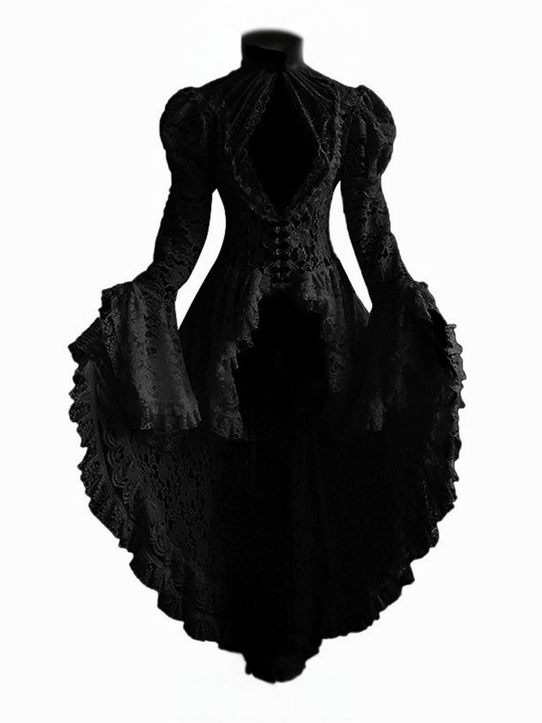 [Vorverkauf] Schwarz 1980er Gigot-Ärmel Viktorianisch Spitze Kleid