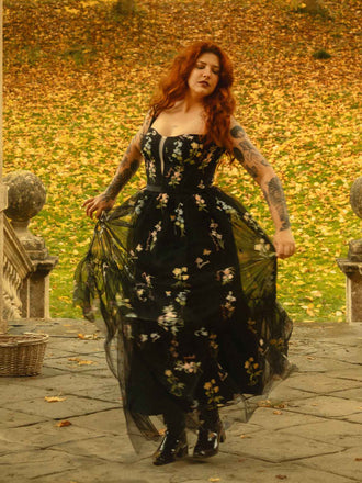 Schwarz 1930er Blumen Netz Stäbchen Schnürung Kleid