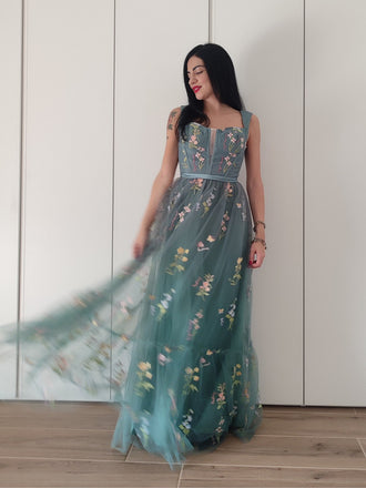 1930er Blumen Netz Stäbchen Schnürung Kleid