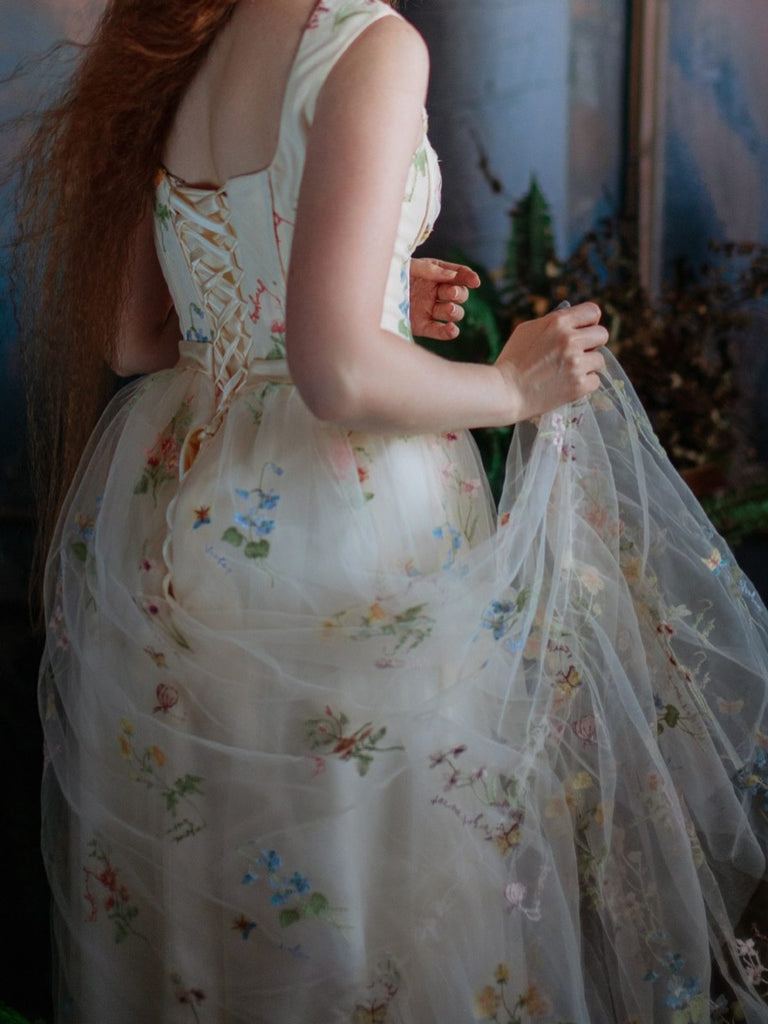 Gelb 1930er Blumen Netz Stäbchen Schnürung Kleid