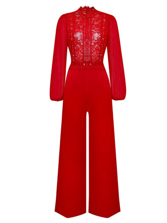 Rot 1960er Solide Durchsichtig Spitze Langarm Jumpsuit