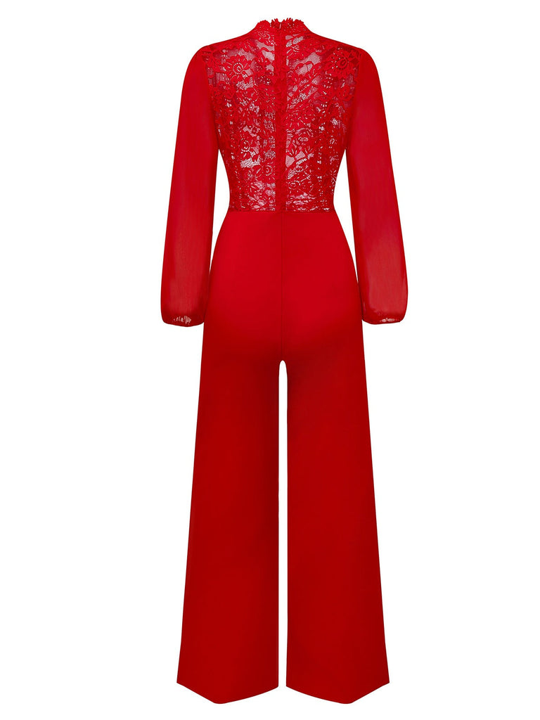 Rot 1960er Solide Durchsichtig Spitze Langarm Jumpsuit