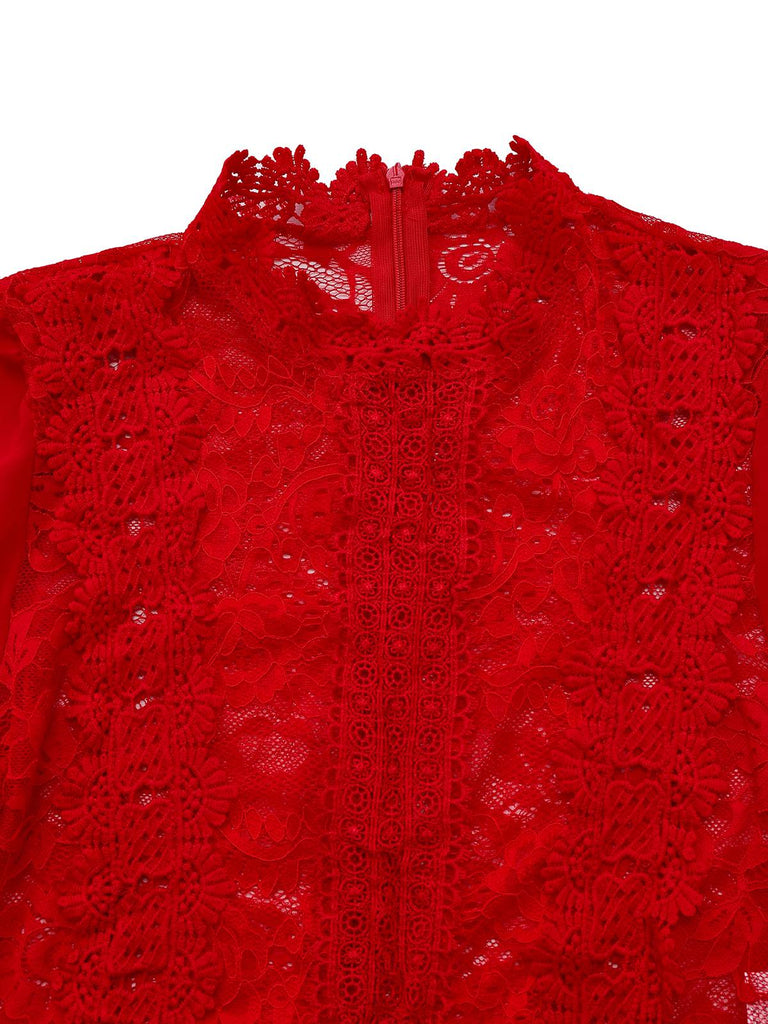 Rot 1960er Solide Durchsichtig Spitze Langarm Jumpsuit