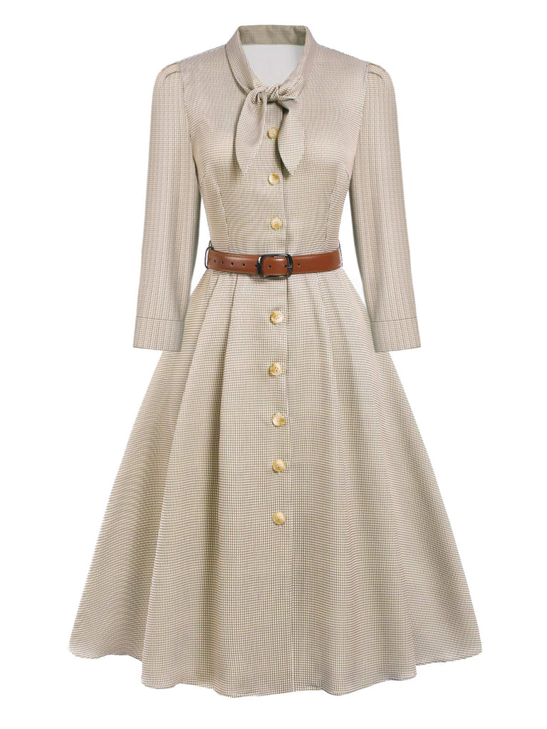 [Vorverkauf] Braun 1940er Tie-Kragen Plaid Langarm Kleid