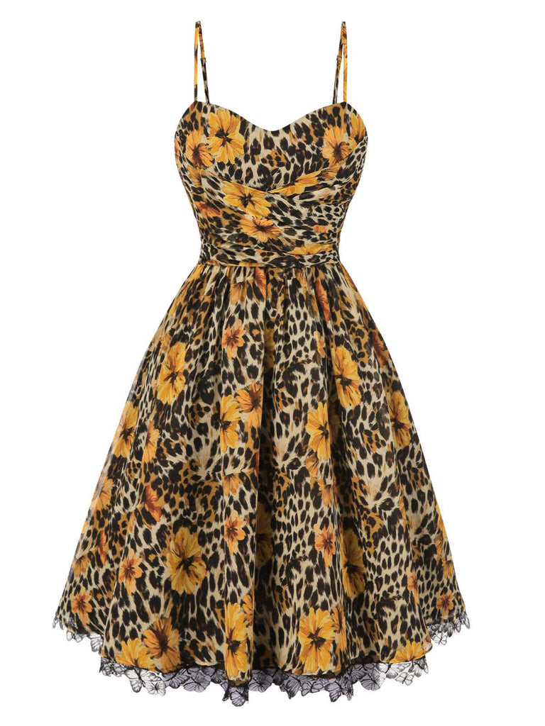 [Vorverkauf] 1950er Slip Leopard Sonnenblume Schmetterlinge Spitze Kleid