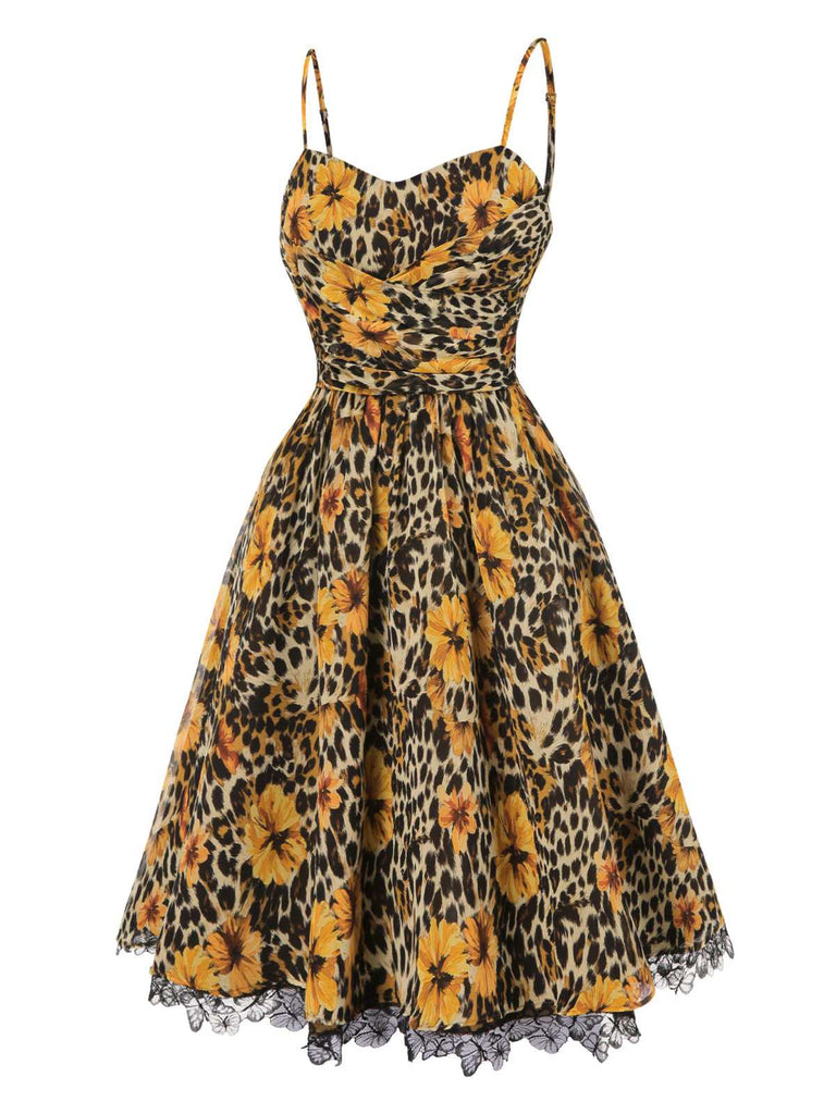 [Vorverkauf] 1950er Slip Leopard Sonnenblume Schmetterlinge Spitze Kleid
