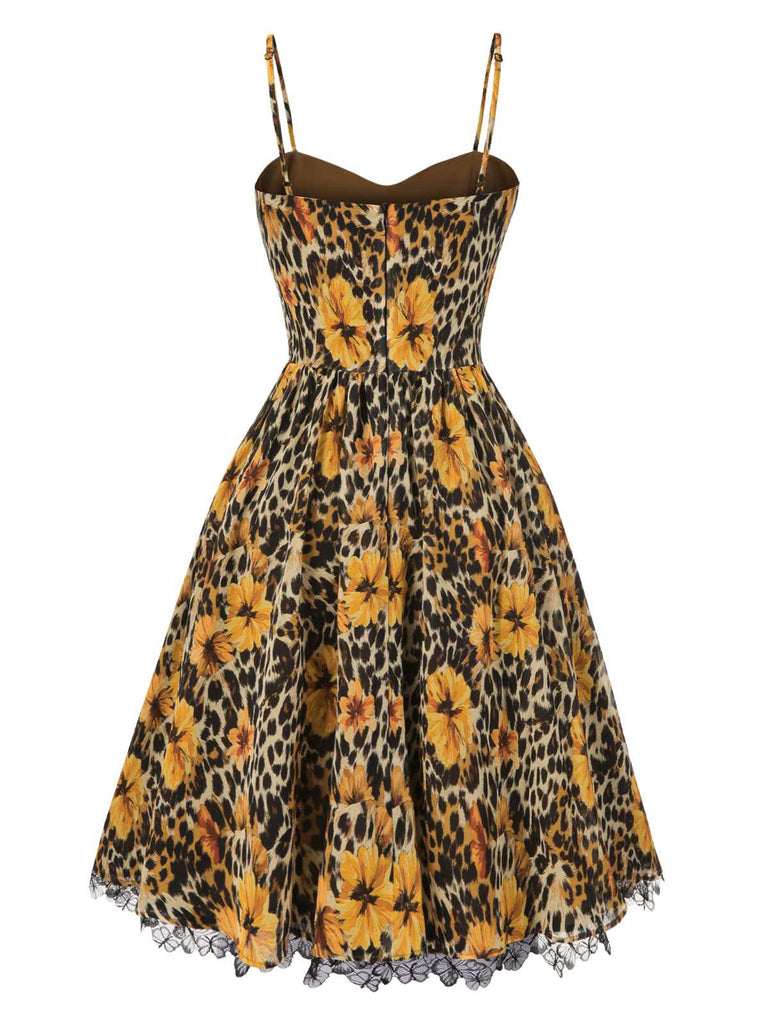 [Vorverkauf] 1950er Slip Leopard Sonnenblume Schmetterlinge Spitze Kleid
