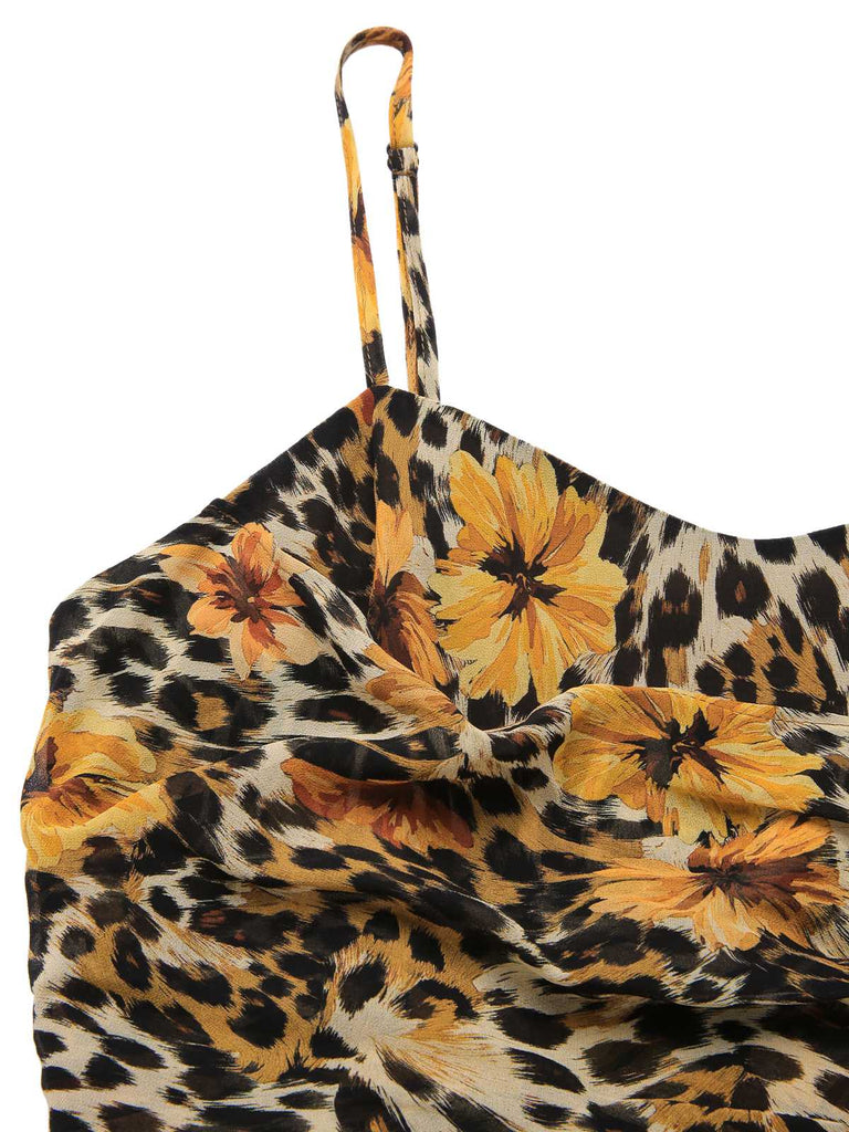 [Vorverkauf] 1950er Slip Leopard Sonnenblume Schmetterlinge Spitze Kleid