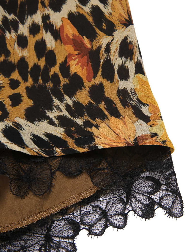 [Vorverkauf] 1950er Slip Leopard Sonnenblume Schmetterlinge Spitze Kleid