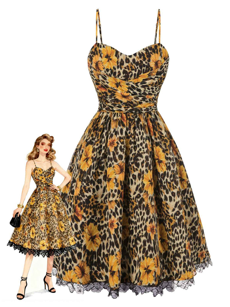 [Vorverkauf] 1950er Slip Leopard Sonnenblume Schmetterlinge Spitze Kleid