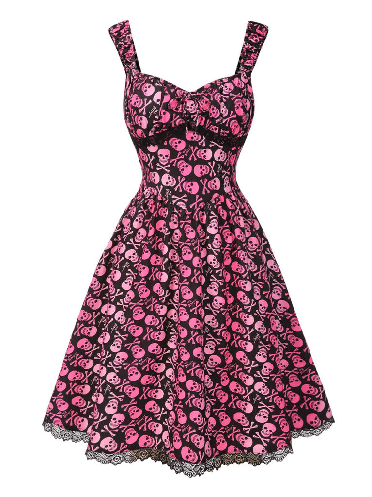 [Vorverkauf] Rosa 1950er Halloween Schädel Spitze Patchwork Kleid