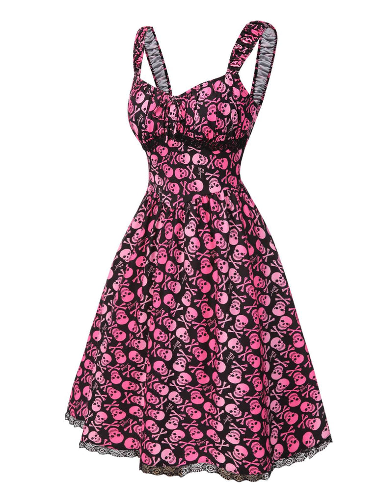 [Vorverkauf] Rosa 1950er Halloween Schädel Spitze Patchwork Kleid