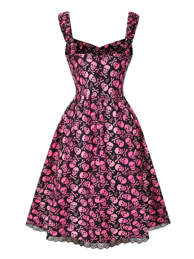 [Vorverkauf] Rosa 1950er Halloween Schädel Spitze Patchwork Kleid