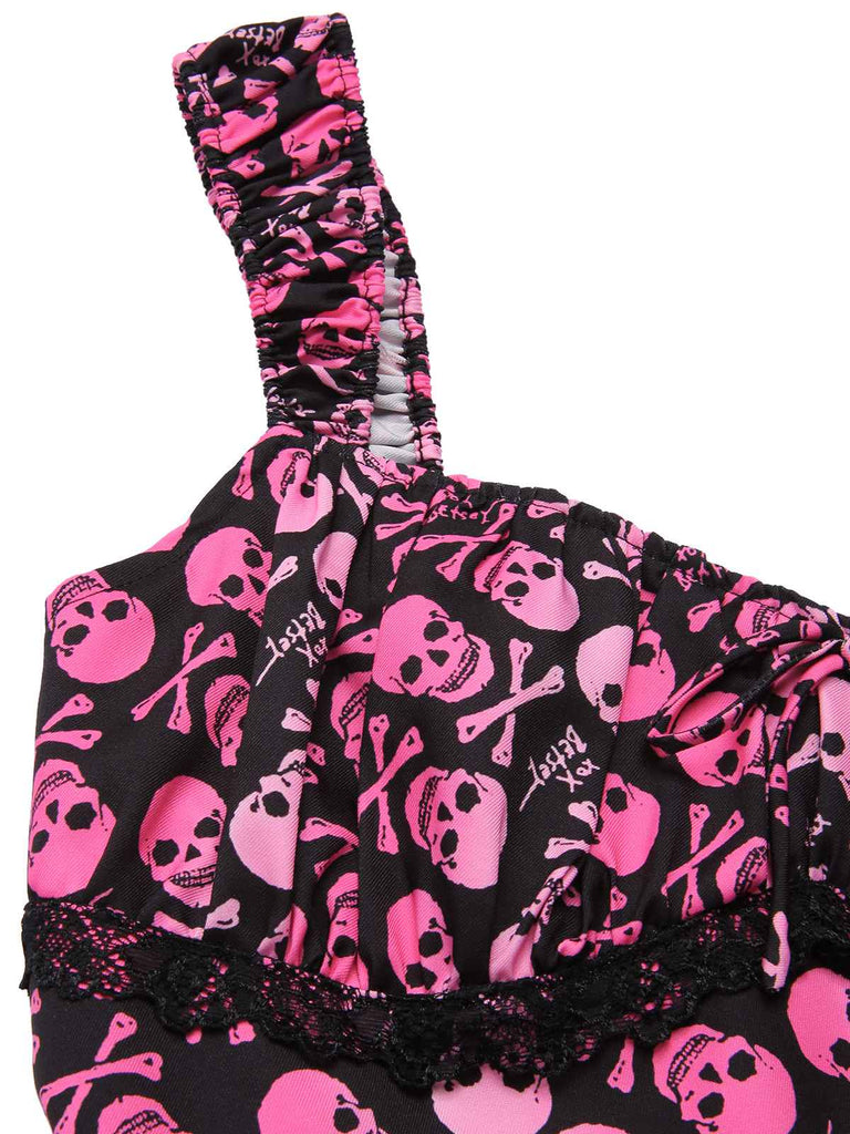 [Vorverkauf] Rosa 1950er Halloween Schädel Spitze Patchwork Kleid