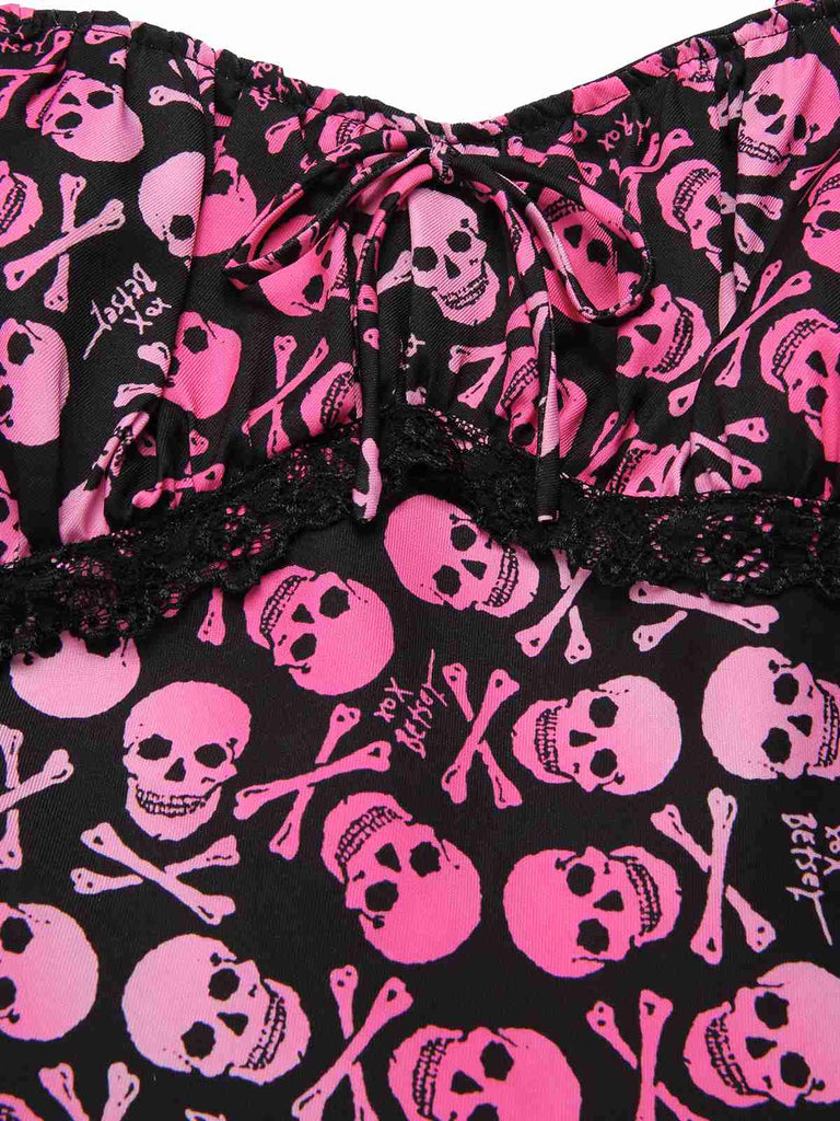 [Vorverkauf] Rosa 1950er Halloween Schädel Spitze Patchwork Kleid