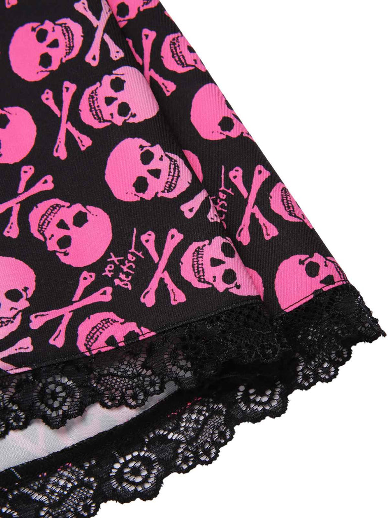 [Vorverkauf] Rosa 1950er Halloween Schädel Spitze Patchwork Kleid