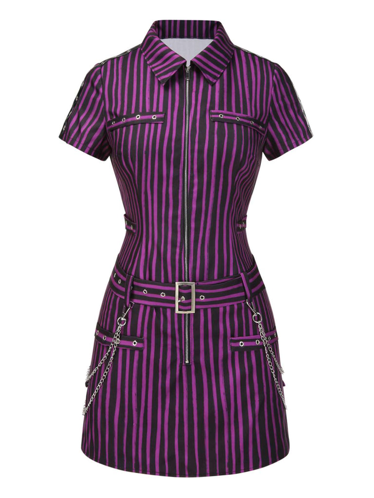 [Vorverkauf] Lila 1940er Gothic Streifen Chains Gürtel Mini Kleid