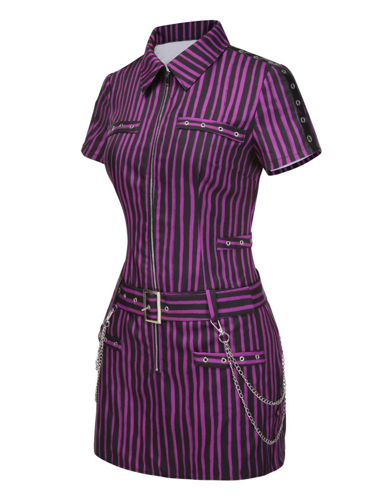 [Vorverkauf] Lila 1940er Gothic Streifen Chains Gürtel Mini Kleid