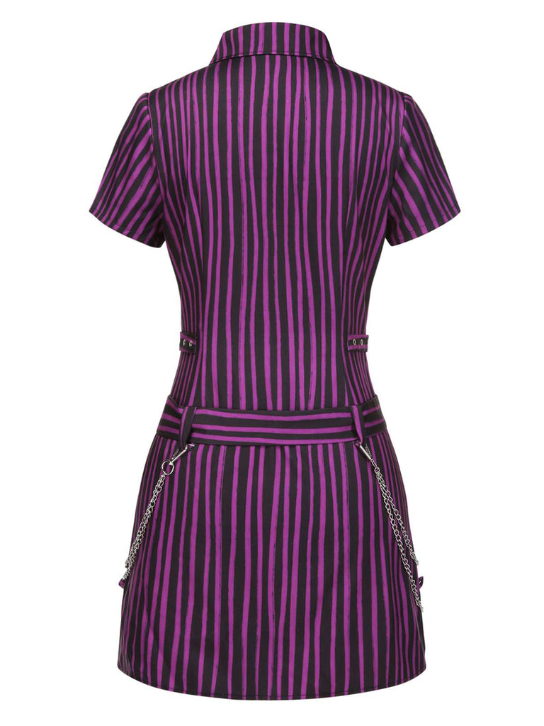 [Vorverkauf] Lila 1940er Gothic Streifen Chains Gürtel Mini Kleid