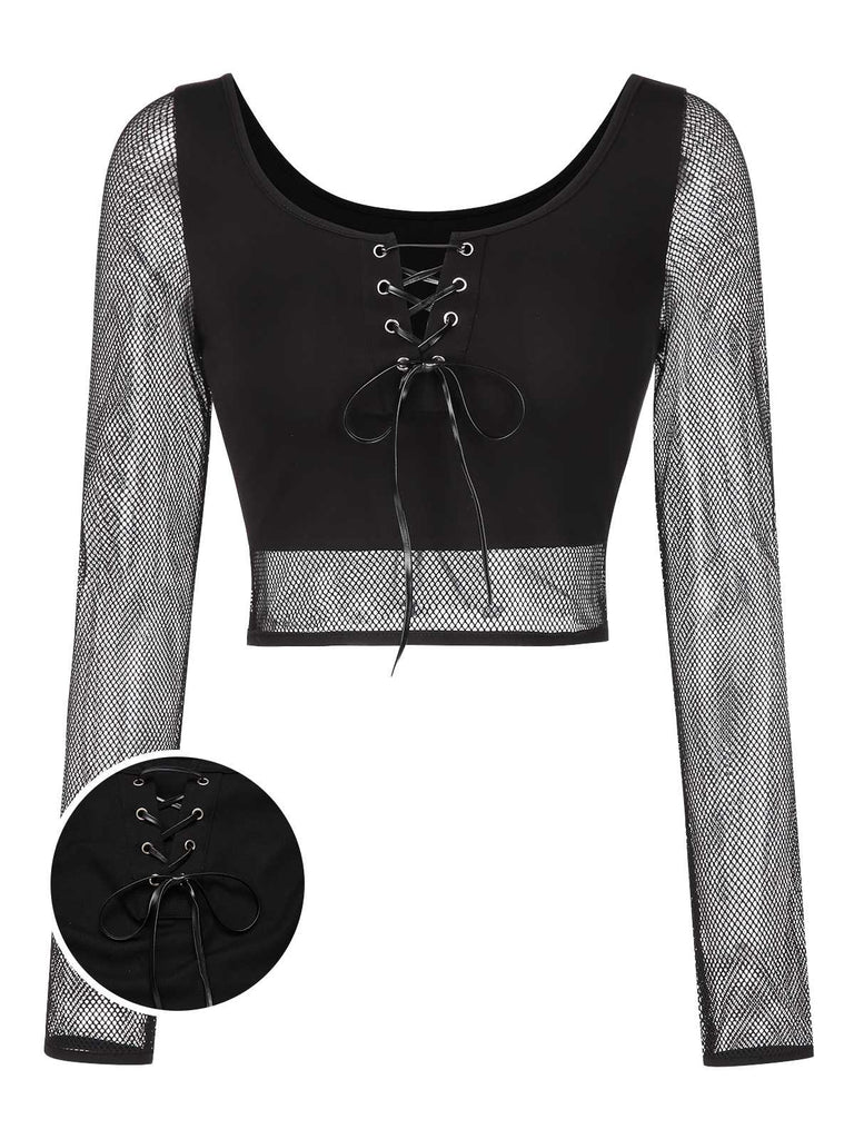 [Vorverkauf] Schwarz 1960er Fischnetz Schnürung Crop Top
