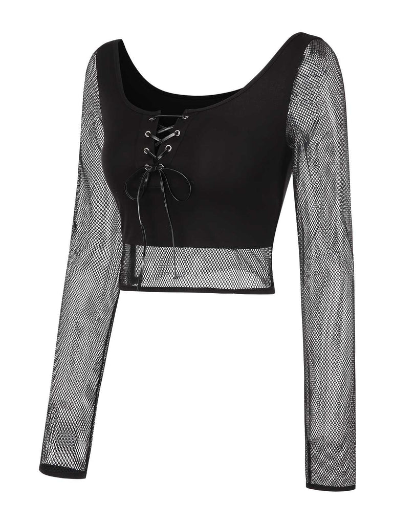 [Vorverkauf] Schwarz 1960er Fischnetz Schnürung Crop Top