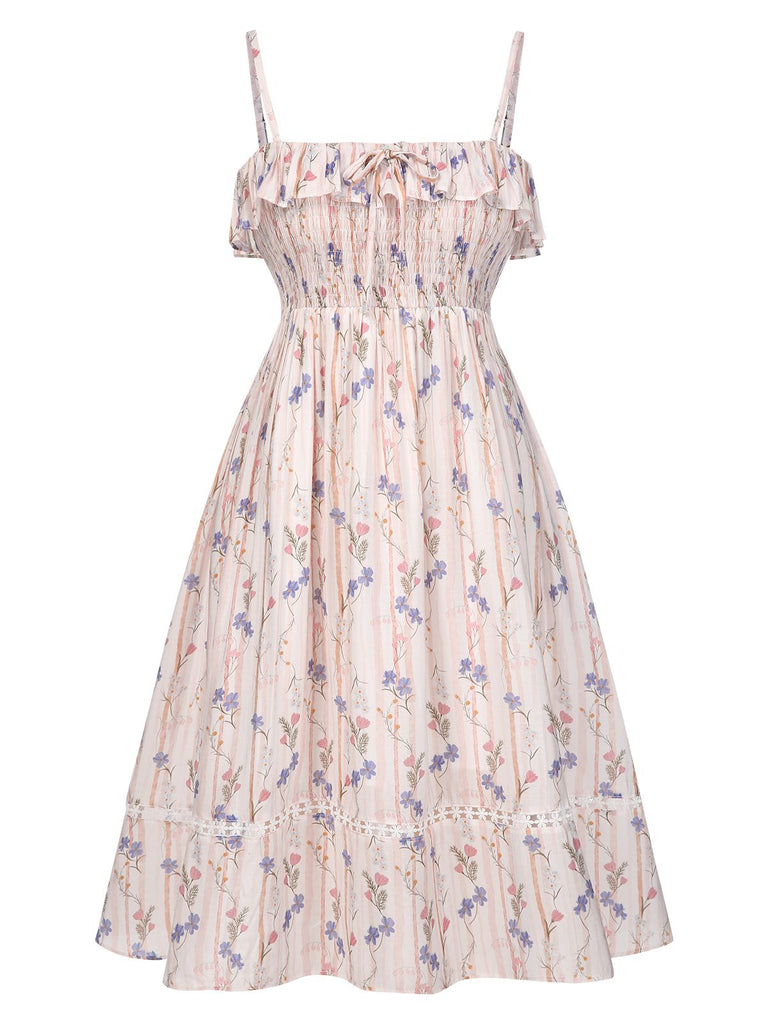 [Vorverkauf] [Übergröße] Rosa 1970er Blumen Gerüschter-Saum Kleid