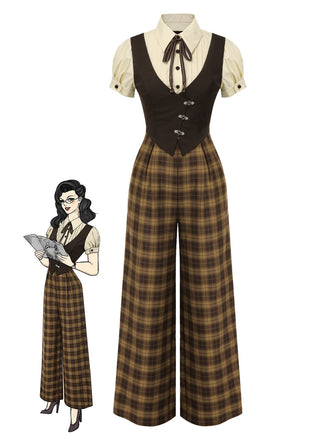 [Vorverkauf] Braun 1930er Gefälschte 3PCS Bogen Plaid Jumpsuit